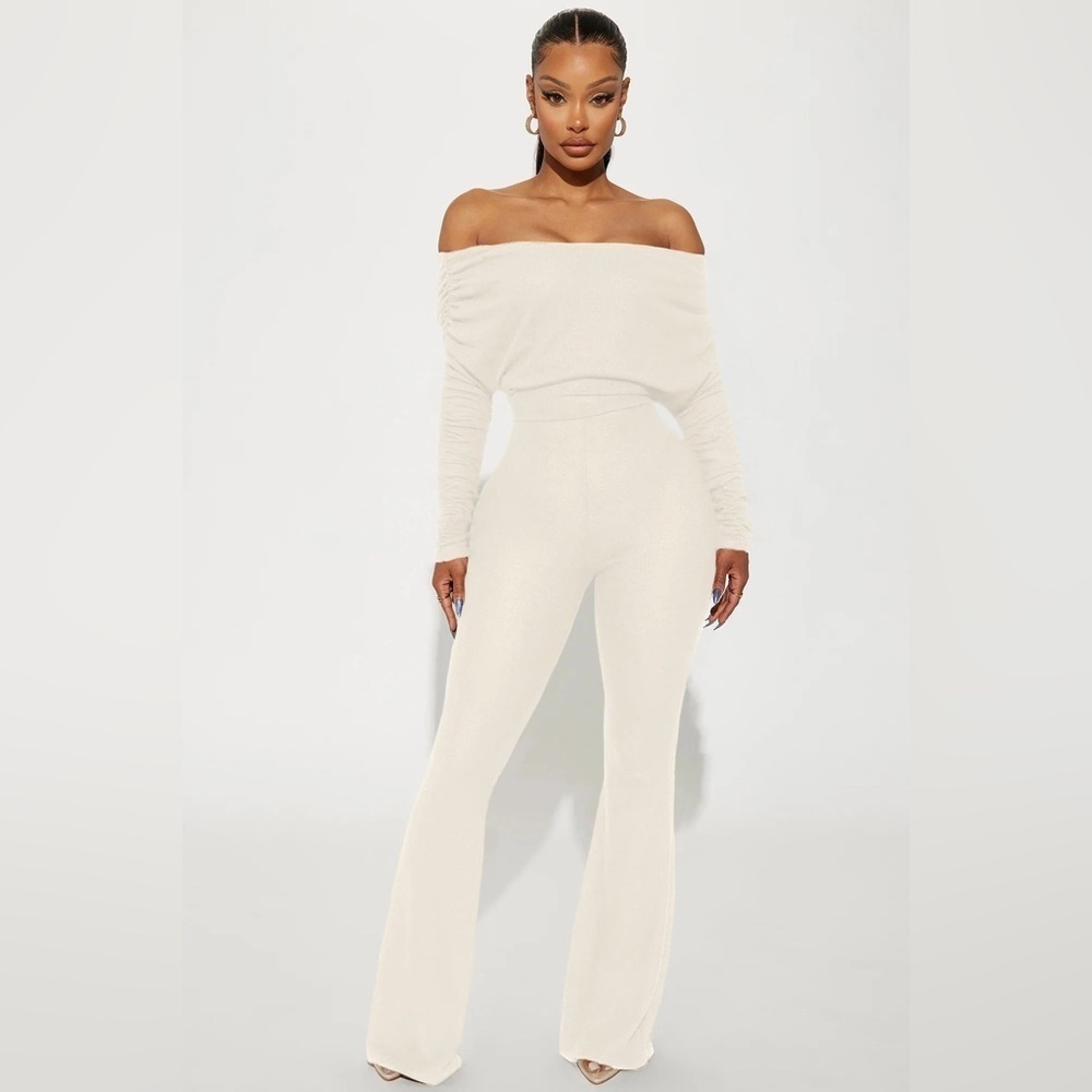 NWOT Fashion Nova Off-Shoulder Cream Jumpsuit